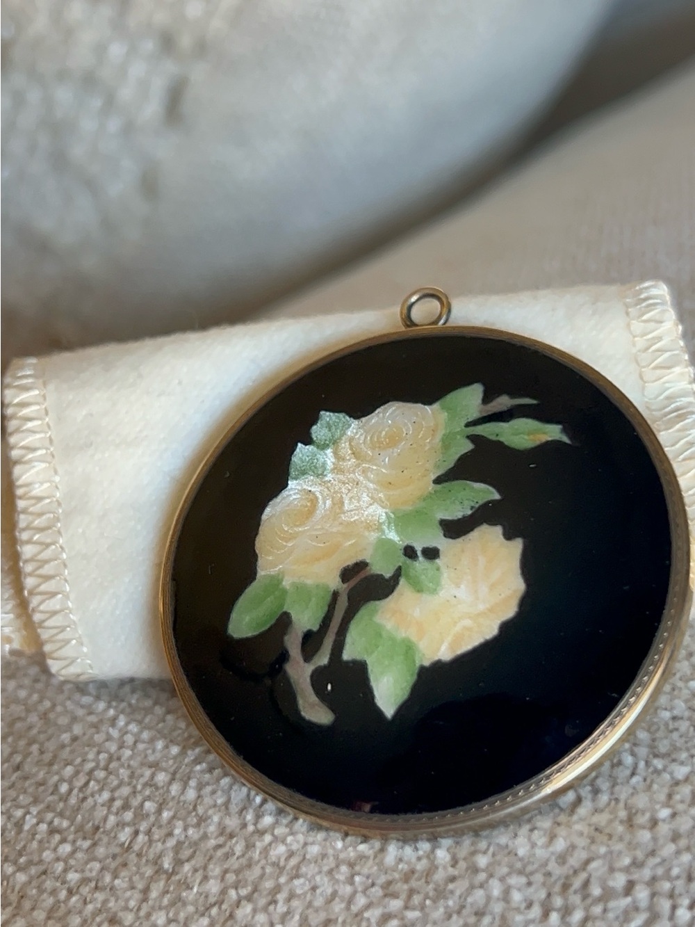 Vintage Sterling Silver Enamel Floral Yellow Pearl Rose Purse Mirror F&B Marked